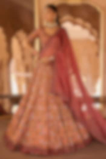 Rust Silk Tissue Resham & Cutdana Embellished Bridal Lehenga Set by Anjanaa M Dang at Pernia's Pop Up Shop