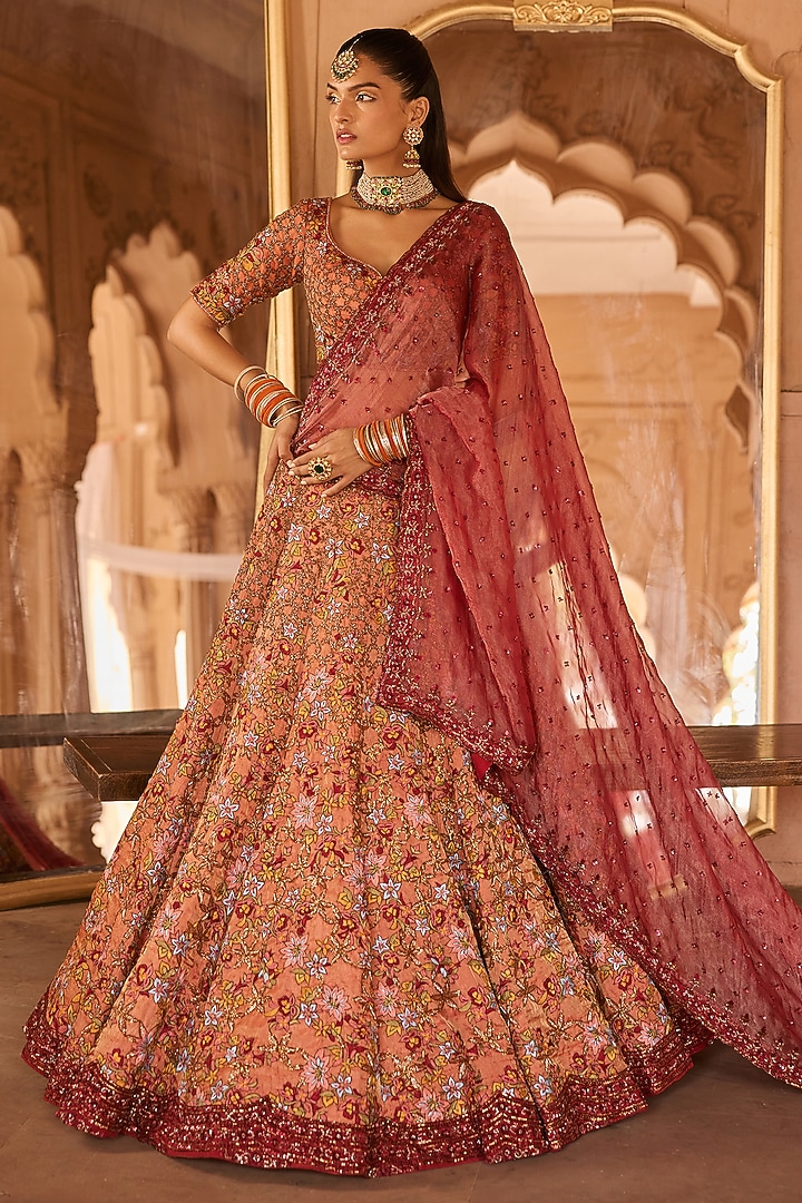 Rust Silk Tissue Resham & Cutdana Embellished Bridal Lehenga Set by Anjanaa M Dang at Pernia's Pop Up Shop