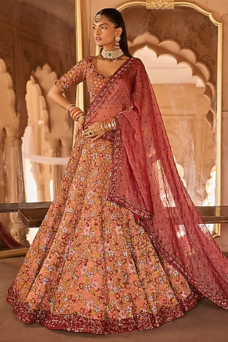 Rust Silk Tissue Resham & Cutdana Embellished Lehenga Set by Anjanaa M Dang