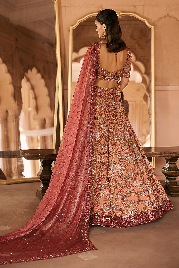 Rust Silk Tissue Resham & Cutdana Embellished Bridal Lehenga Set by Anjanaa M Dang at Pernia's Pop Up Shop