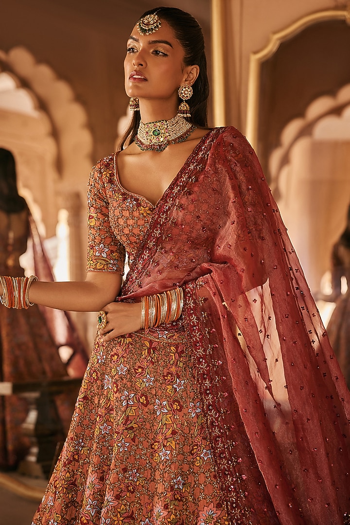 Rust Silk Tissue Resham & Cutdana Embellished Bridal Lehenga Set by Anjanaa M Dang at Pernia's Pop Up Shop