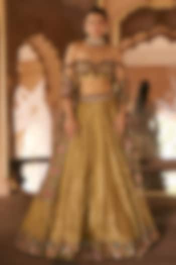 Gold Silk Tissue Sequin & Cutwork Embellished Bridal Lehenga Set by Anjanaa M Dang at Pernia's Pop Up Shop
