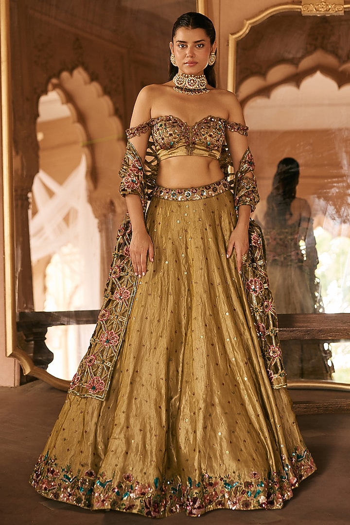 Gold Silk Tissue Sequin & Cutwork Embellished Bridal Lehenga Set by Anjanaa M Dang at Pernia's Pop Up Shop