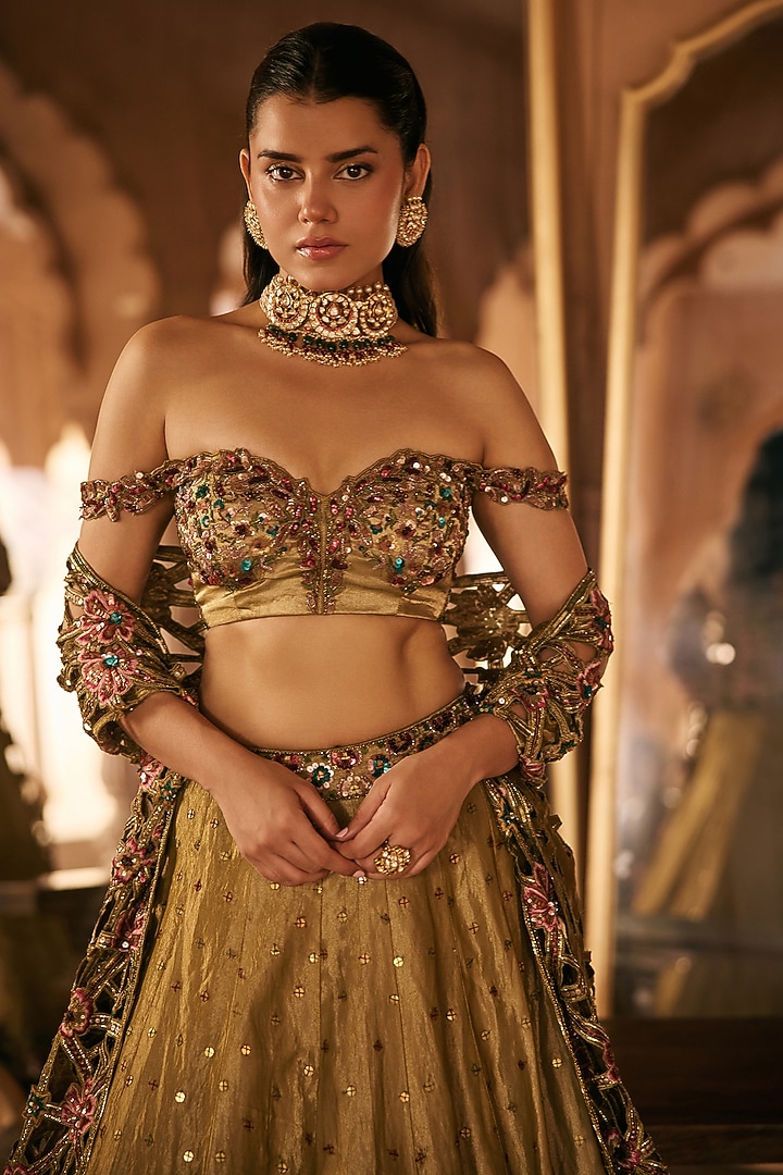 Gold Silk Tissue Sequin & Cutwork Embellished Bridal Lehenga Set by Anjanaa M Dang at Pernia's Pop Up Shop