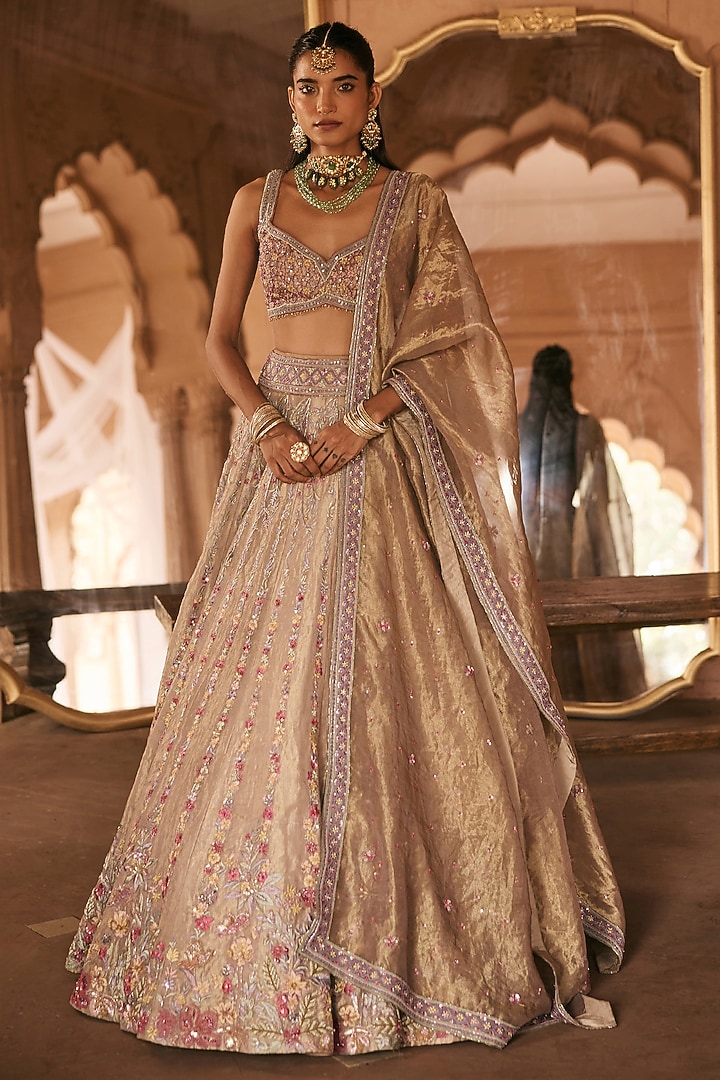 Multi-Colored Silk Tissue Sequin & Cutdana Embellished Bridal Lehenga Set by Anjanaa M Dang at Pernia's Pop Up Shop
