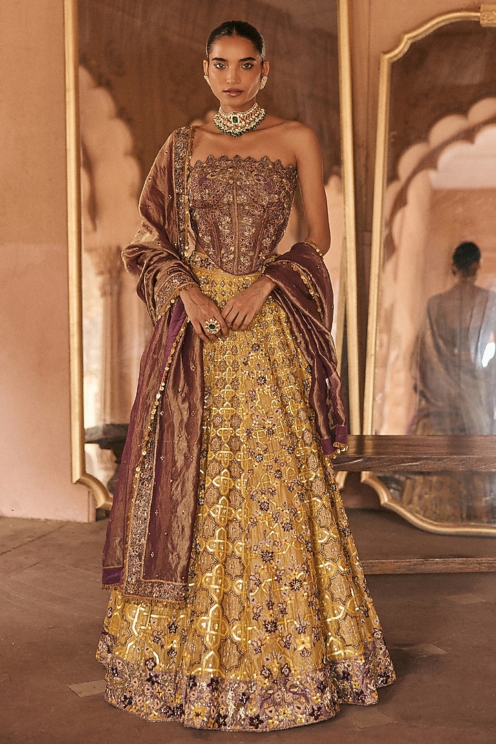 Gold-Yellow Silk Tissue Floral & Dori Hand Embroidered Bridal Lehenga Set by Anjanaa M Dang at Pernia's Pop Up Shop