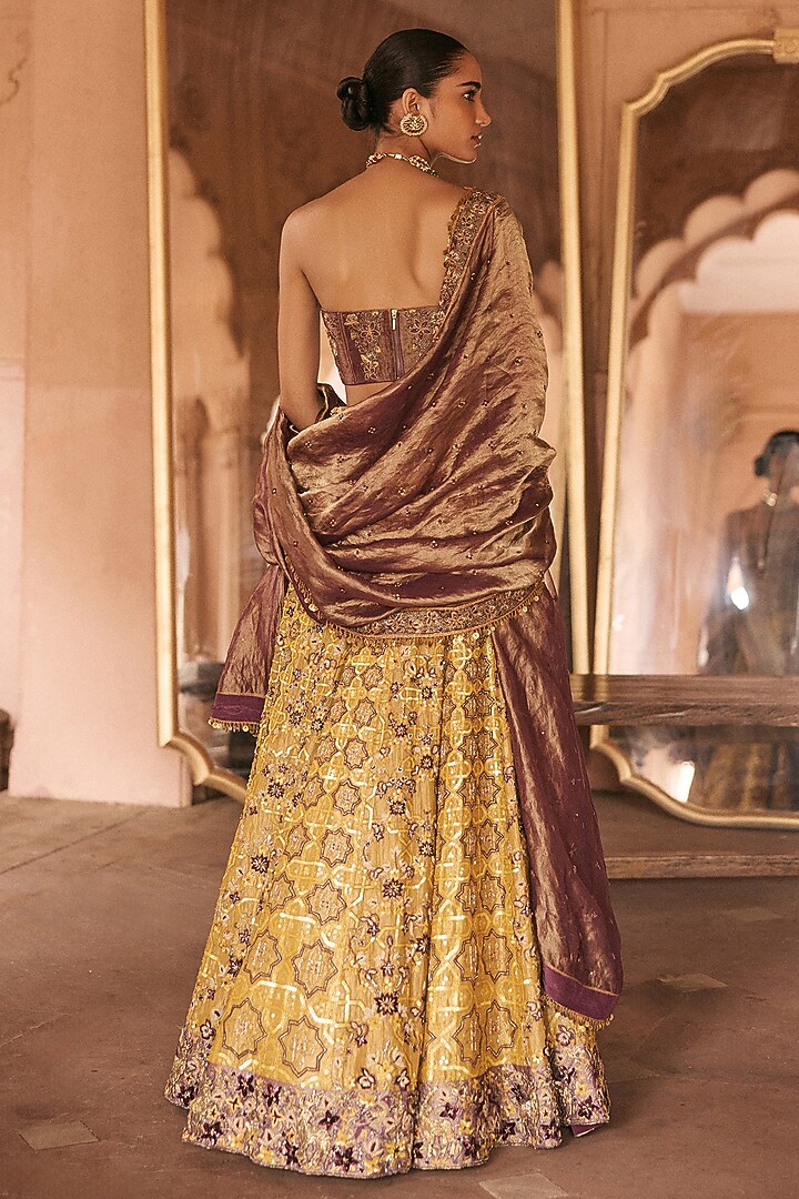 Gold-Yellow Silk Tissue Floral & Dori Hand Embroidered Bridal Lehenga Set by Anjanaa M Dang at Pernia's Pop Up Shop