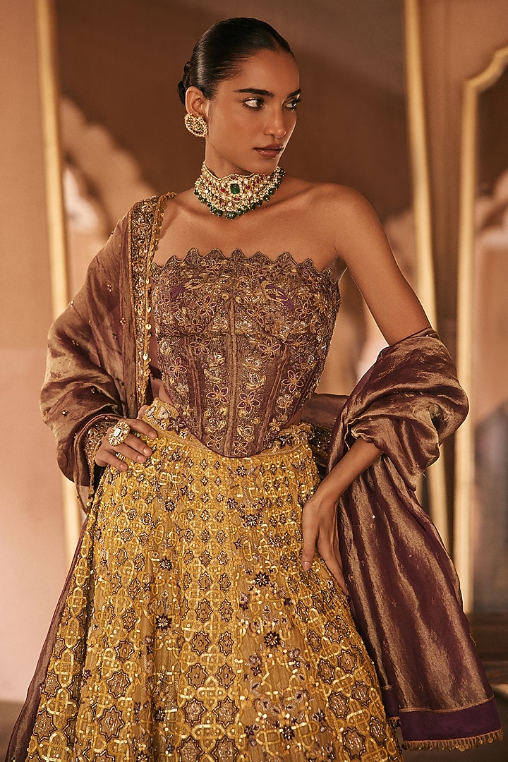Gold-Yellow Silk Tissue Floral & Dori Hand Embroidered Bridal Lehenga Set by Anjanaa M Dang at Pernia's Pop Up Shop