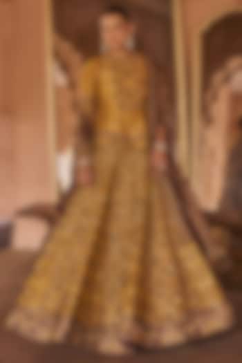 Gold-Yellow Silk Tissue Floral & Dori Hand Embroidered Bridal Lehenga Set by Anjanaa M Dang at Pernia's Pop Up Shop