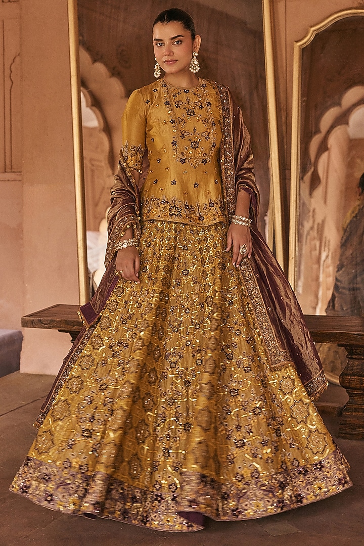 Gold-Yellow Silk Tissue Floral & Dori Hand Embroidered Bridal Lehenga Set by Anjanaa M Dang at Pernia's Pop Up Shop