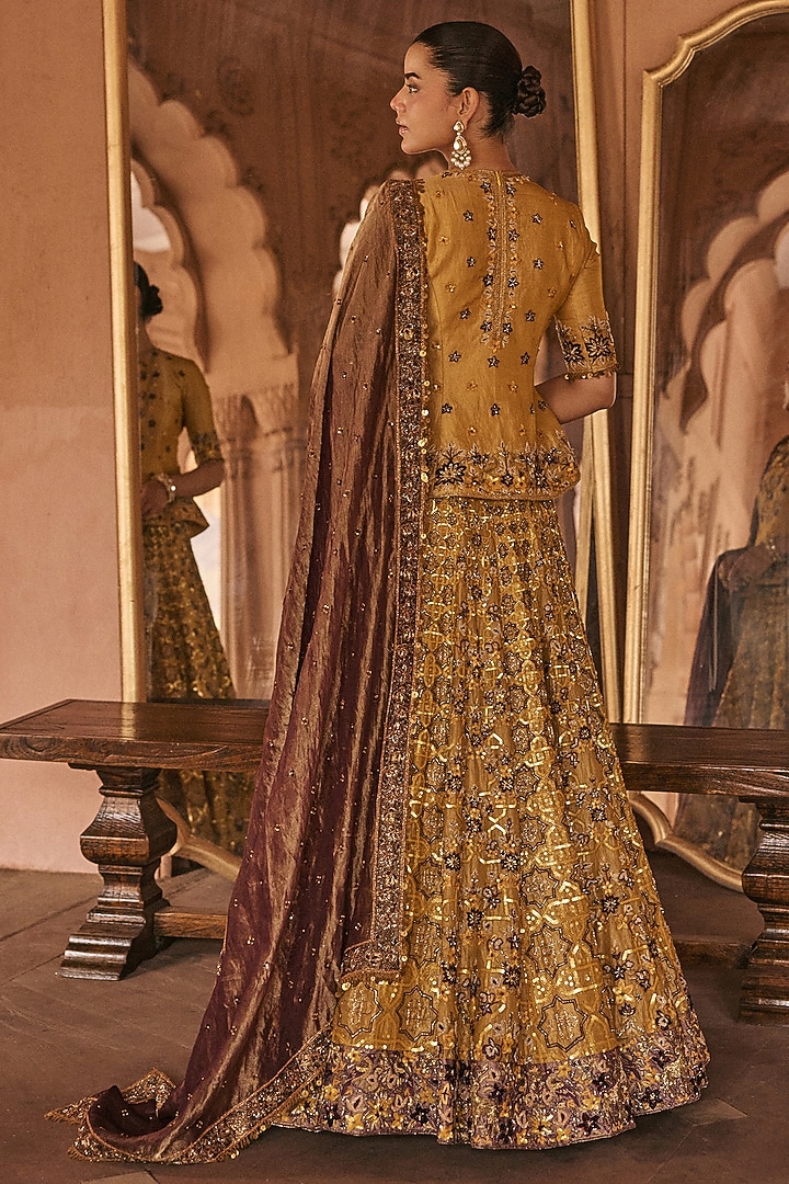 Gold-Yellow Silk Tissue Floral & Dori Hand Embroidered Bridal Lehenga Set by Anjanaa M Dang at Pernia's Pop Up Shop