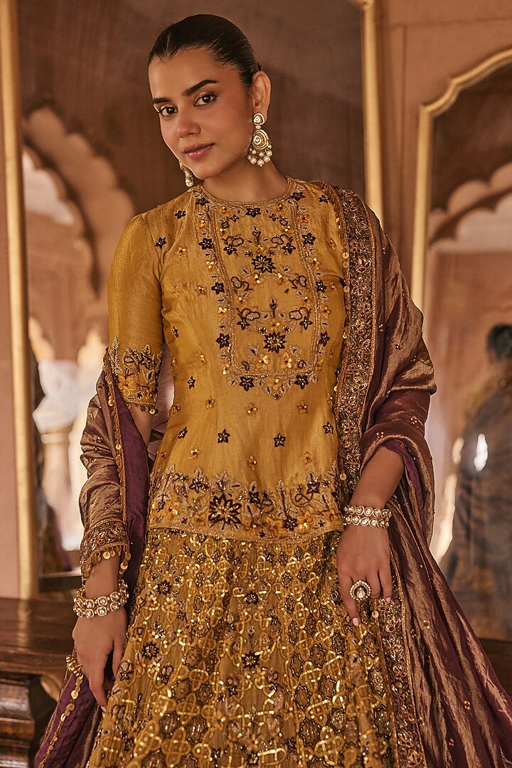 Gold-Yellow Silk Tissue Floral & Dori Hand Embroidered Bridal Lehenga Set by Anjanaa M Dang at Pernia's Pop Up Shop