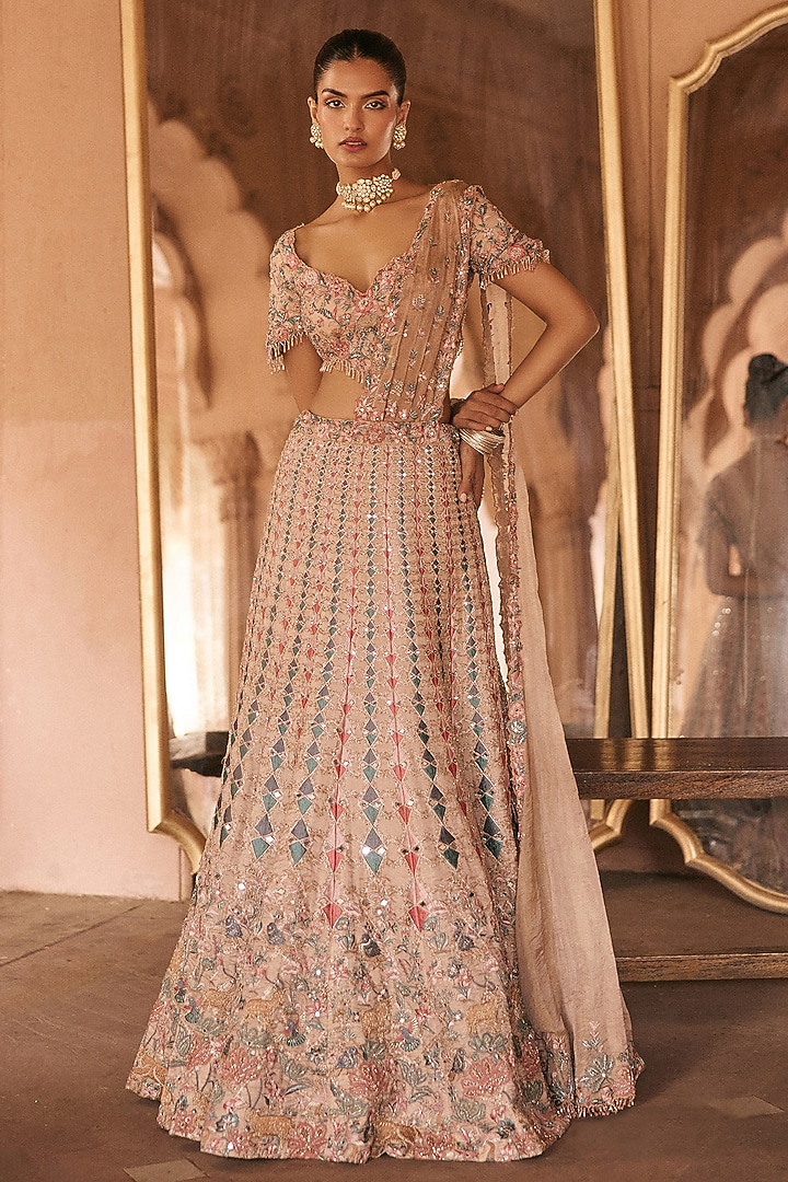 Multi-Colored Silk Tissue Sequin & Floral Embroidered Bridal Lehenga Saree Set by Anjanaa M Dang at Pernia's Pop Up Shop