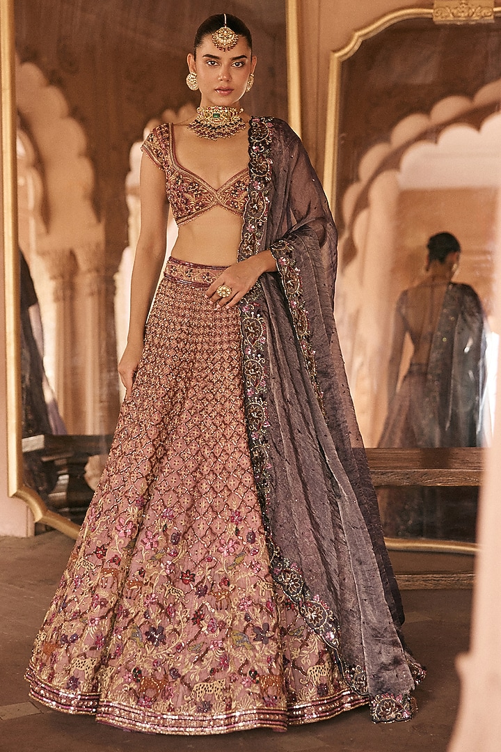 Pink Silk Tissue Zardosi & Cutdana Embroidered Bridal Lehenga Set by Anjanaa M Dang at Pernia's Pop Up Shop