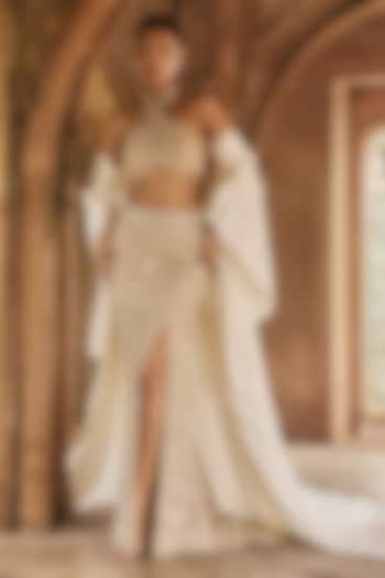 Gold Silk Tissue Zardosi Embroidered Slit Skirt Set by Anjanaa M Dang at Pernia's Pop Up Shop