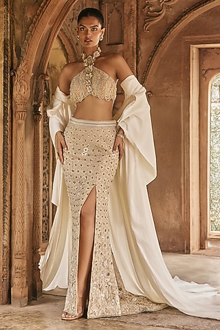 Gold Silk Tissue Zardosi Embroidered Slit Skirt Set by Anjanaa M Dang