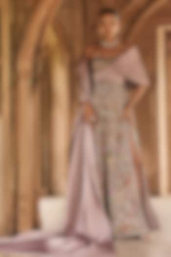 Mauve Silk Tissue Zardosi Embroidered Off-Shoulder Bridal Gown With Drape by Anjanaa M Dang at Pernia's Pop Up Shop