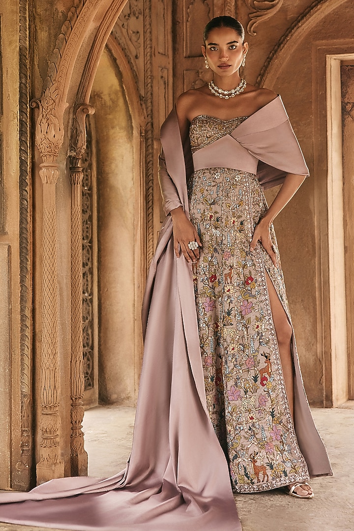 Mauve Silk Tissue Zardosi Embroidered Off-Shoulder Bridal Gown With Drape by Anjanaa M Dang at Pernia's Pop Up Shop