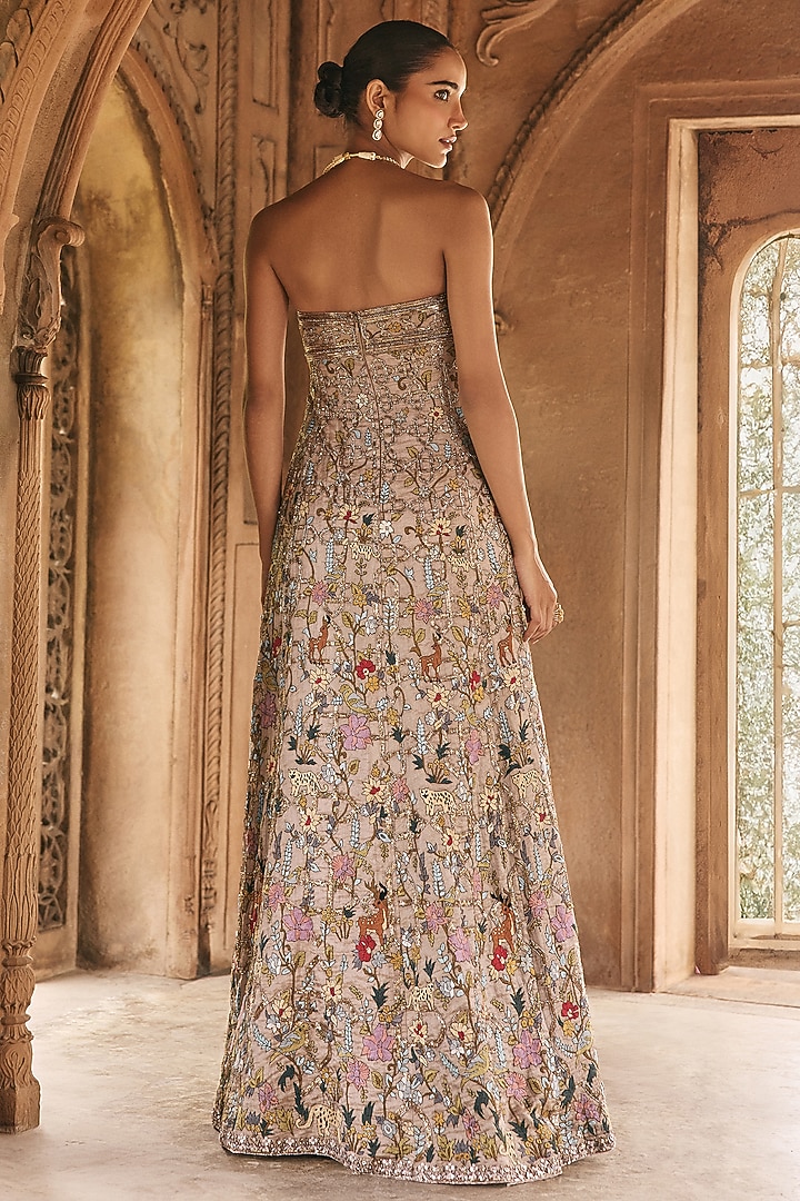 Mauve Silk Tissue Zardosi Embroidered Off-Shoulder Bridal Gown With Drape by Anjanaa M Dang at Pernia's Pop Up Shop