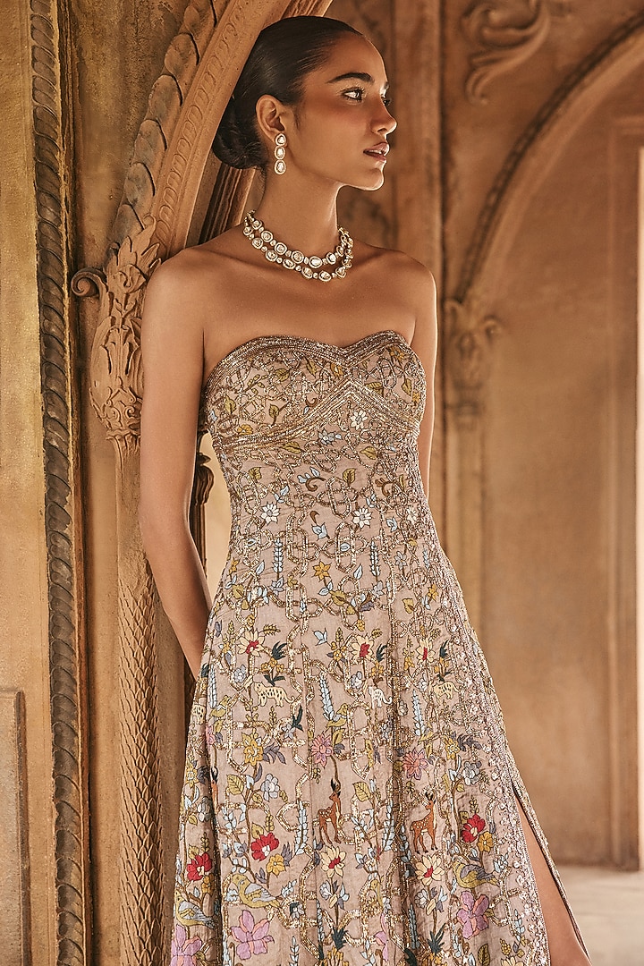 Mauve Silk Tissue Zardosi Embroidered Off-Shoulder Bridal Gown With Drape by Anjanaa M Dang at Pernia's Pop Up Shop