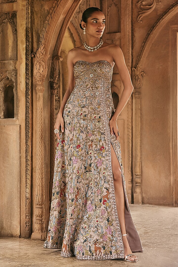 Mauve Silk Tissue Zardosi Embroidered Off-Shoulder Bridal Gown With Drape by Anjanaa M Dang at Pernia's Pop Up Shop