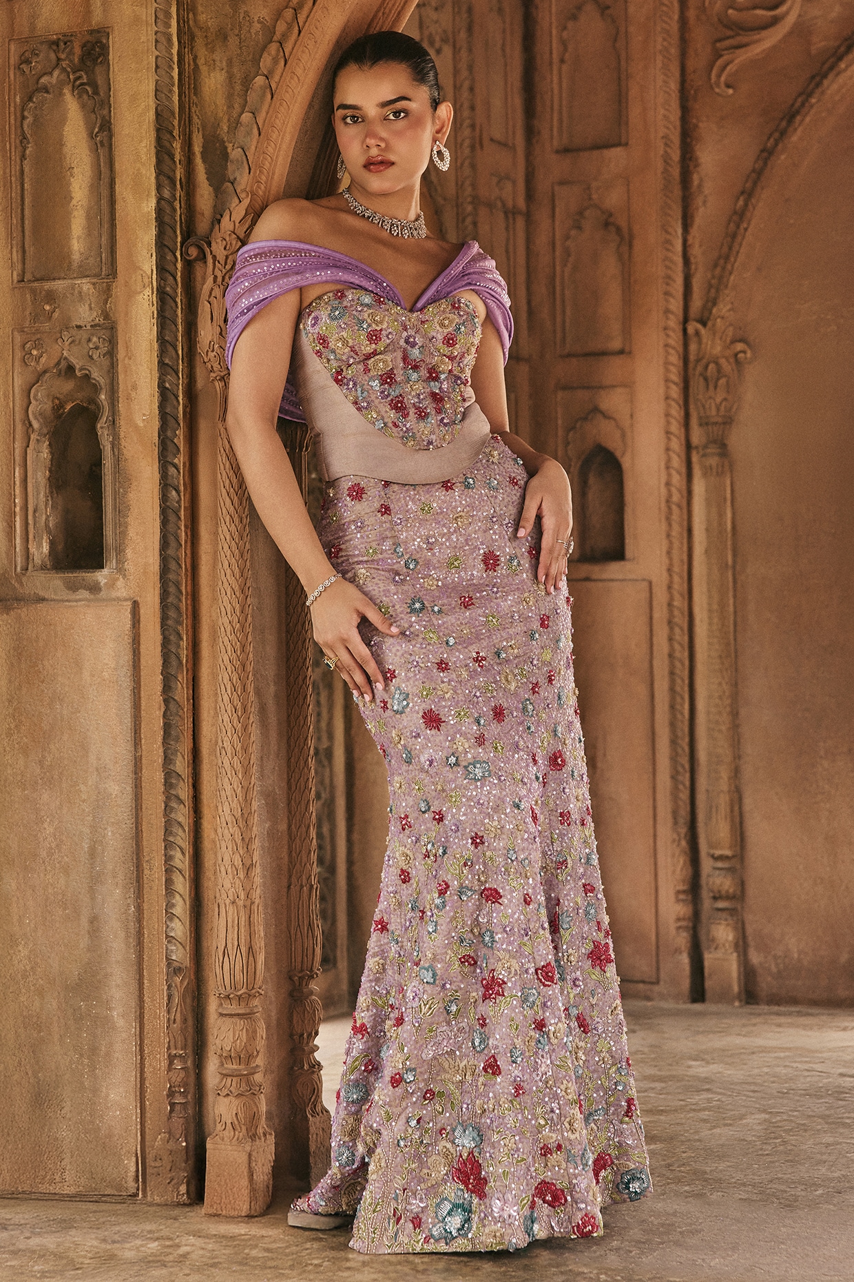 Lavender Silk Tissue Resham & Sequin Embroidered Mermaid Skirt Set