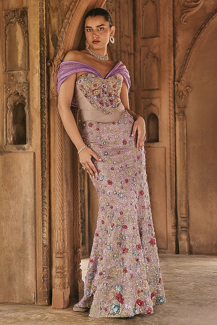 Lavender Silk Tissue Resham & Sequin Embroidered Mermaid Skirt Set by Anjanaa M Dang at Pernia's Pop Up Shop