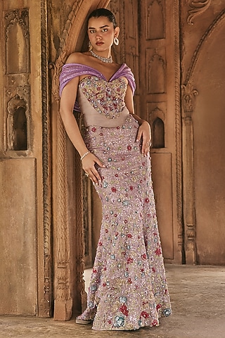 Lavender Silk Tissue Resham & Sequin Embroidered Mermaid Skirt Set by Anjanaa M Dang