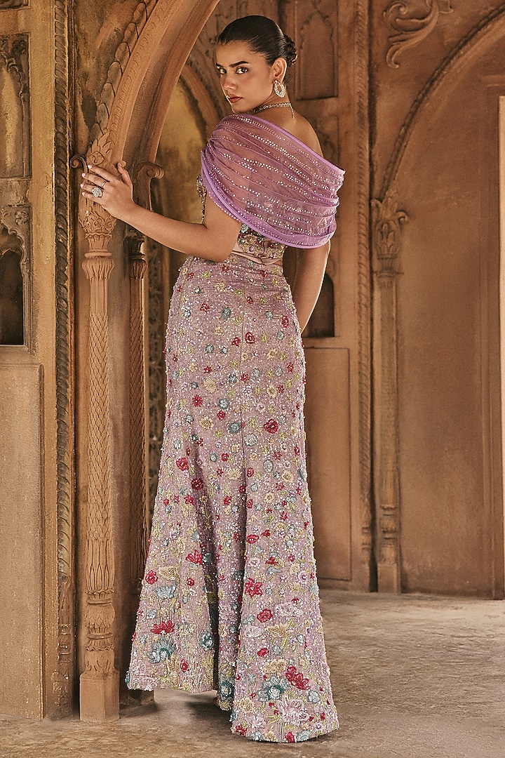 Lavender Silk Tissue Resham & Sequin Embroidered Mermaid Skirt Set by Anjanaa M Dang at Pernia's Pop Up Shop