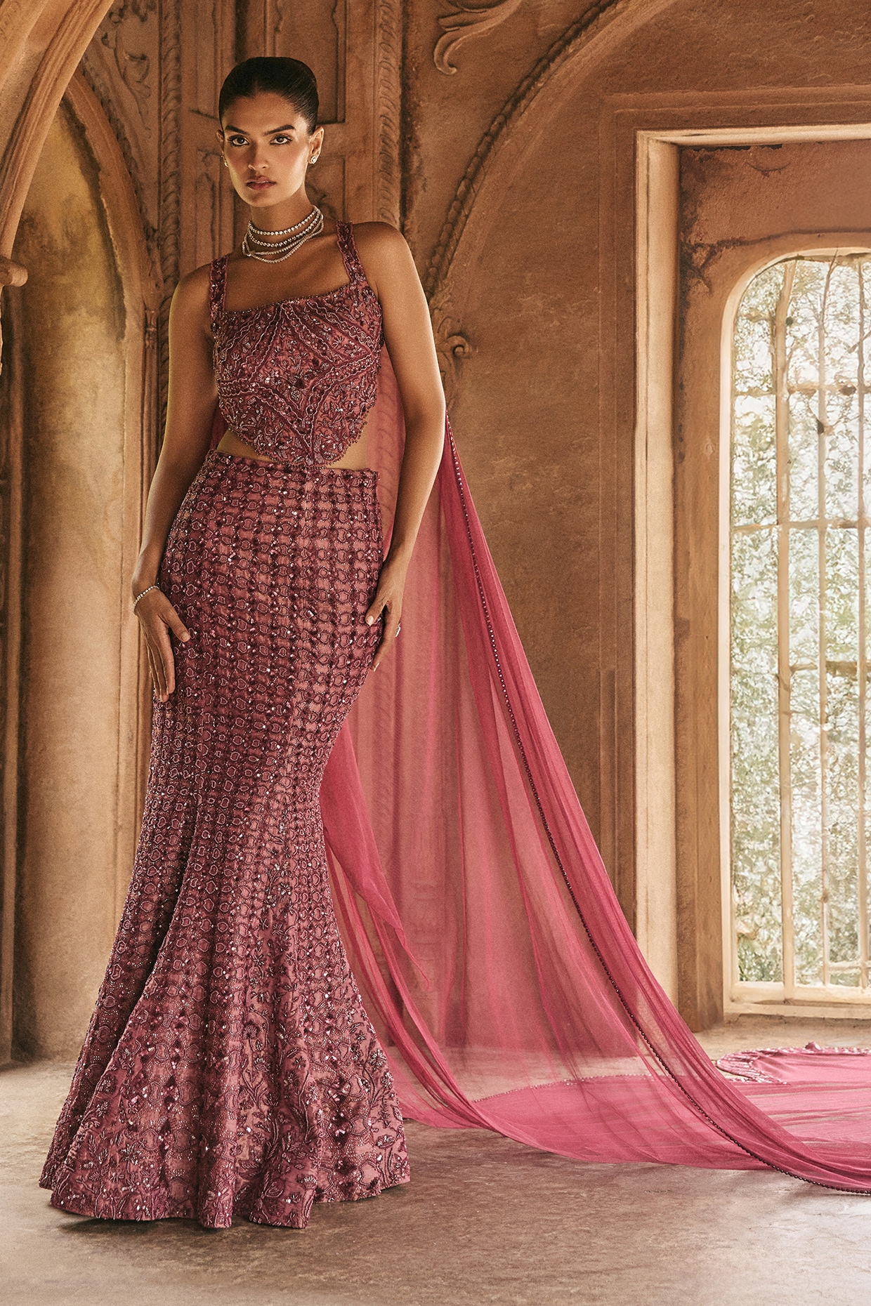 Wine SIlk Tissue Swarovski Hand Embellished Mermaid Skirt Set by