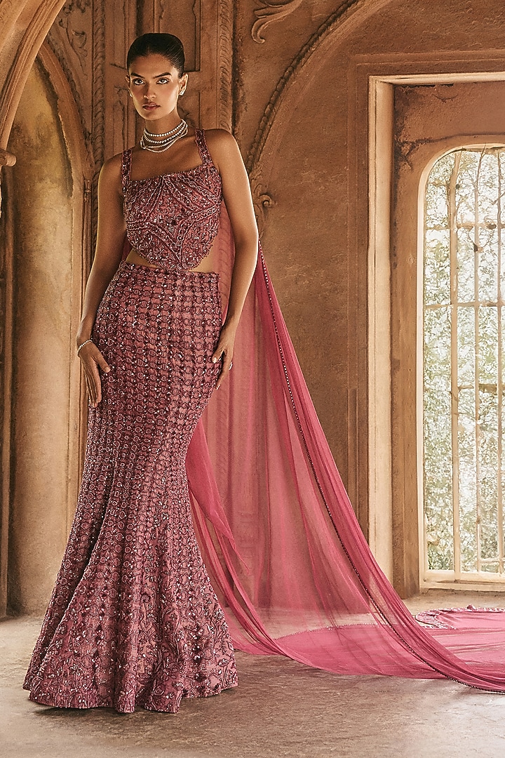 Wine SIlk Tissue Swarovski Hand Embellished Mermaid Skirt Set by Anjanaa M Dang at Pernia's Pop Up Shop