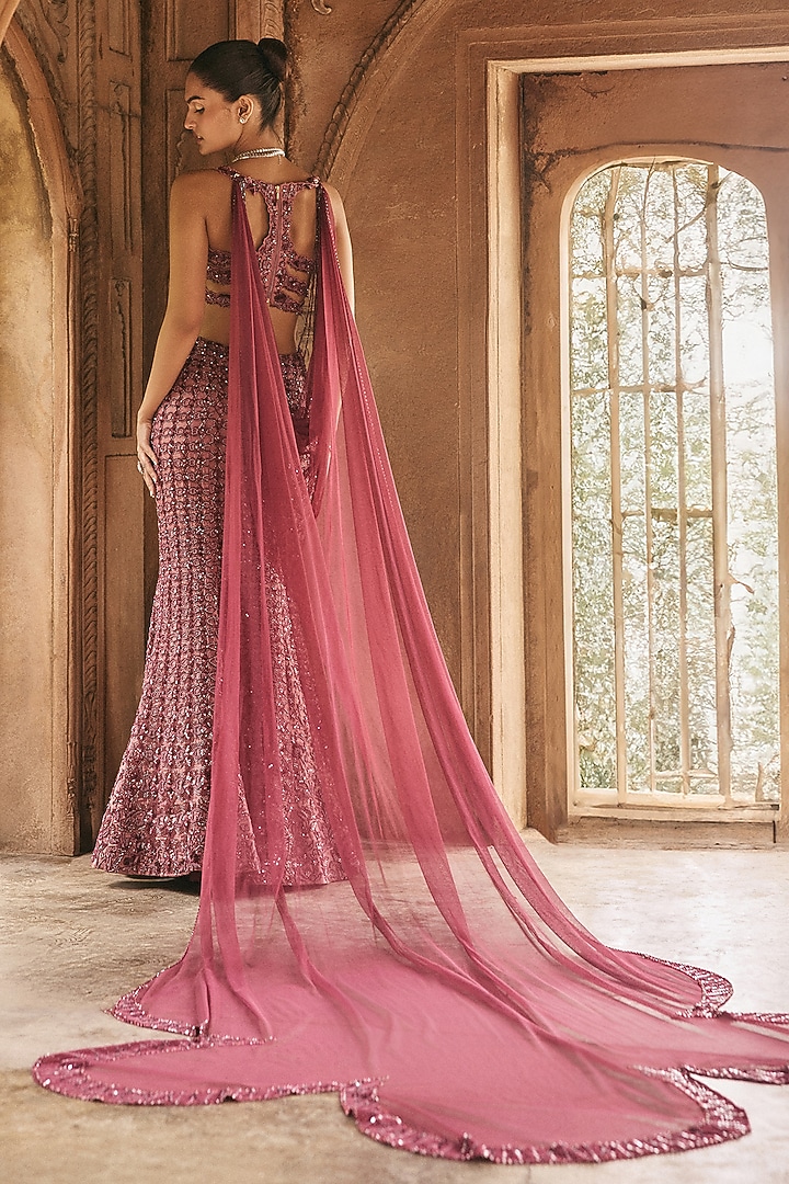 Wine SIlk Tissue Swarovski Hand Embellished Mermaid Skirt Set by Anjanaa M Dang at Pernia's Pop Up Shop