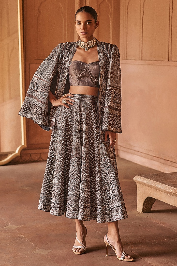 Black Silk Tissue Sequin & Cutdana Embellished Cropped Bridal Lehenga Set by Anjanaa M Dang at Pernia's Pop Up Shop