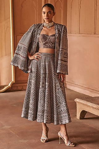 Black Silk Tissue Sequin & Cutdana Embellished Cropped Lehenga Set by Anjanaa M Dang