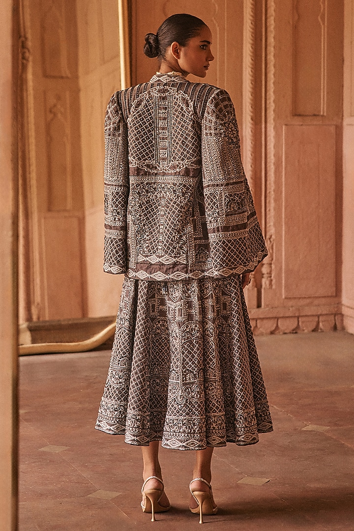 Black Silk Tissue Sequin & Cutdana Embellished Cropped Bridal Lehenga Set by Anjanaa M Dang at Pernia's Pop Up Shop