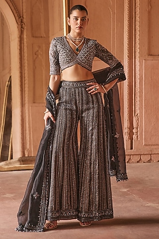 Black Silk Tissue Sequin & Cutdana Embellished Sharara Set by Anjanaa M Dang
