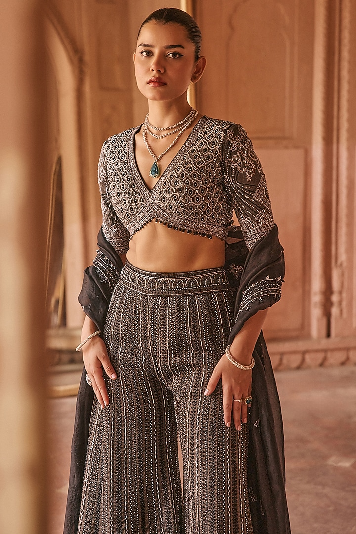 Black Silk Tissue Sequin & Cutdana Embellished Bridal Sharara Set by Anjanaa M Dang at Pernia's Pop Up Shop