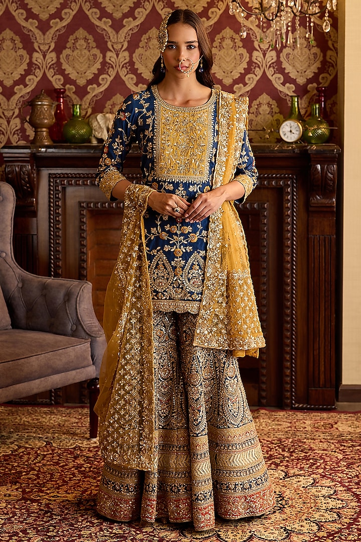 Blue Silk Cutdana & Sequins Embroidered Kurta Set by Anjanaa M Dang at Pernia's Pop Up Shop