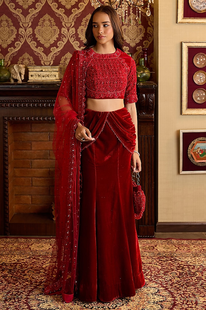 Red Velvet Mermaid-Cut Wedding Lehenga Set by Anjanaa M Dang at Pernia's Pop Up Shop