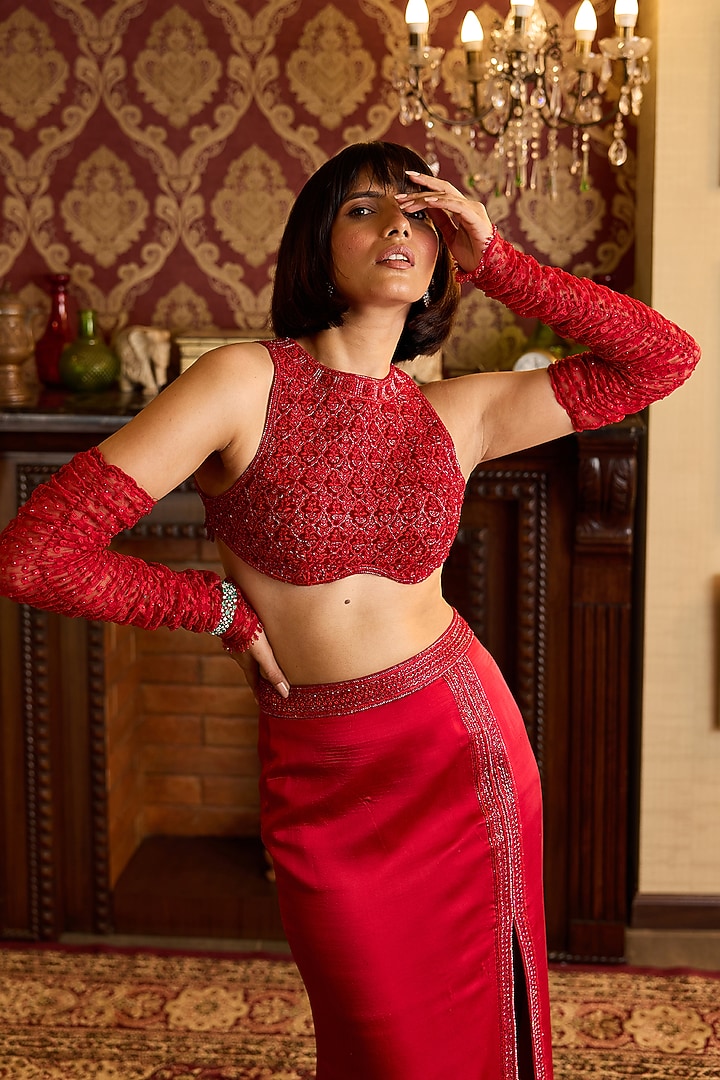 Red Satin Mermaid-Cut Skirt Set by Anjanaa M Dang at Pernia's Pop Up Shop
