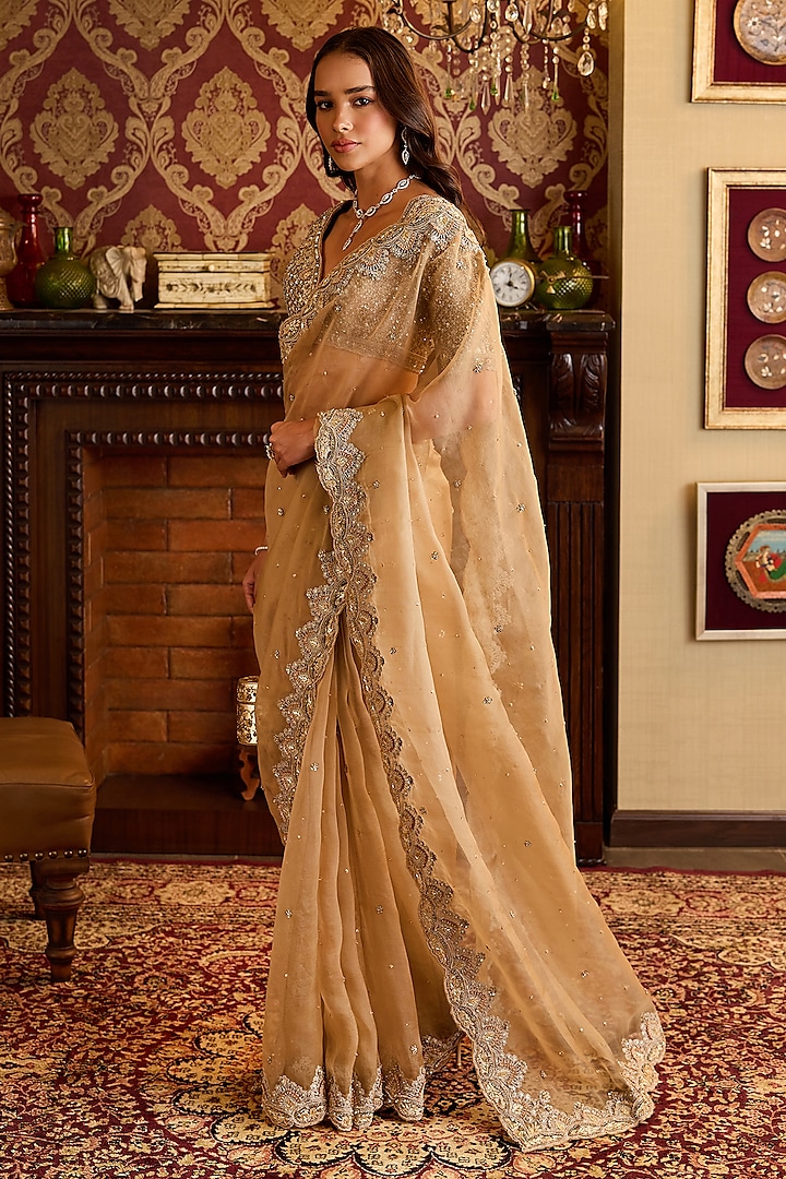 Champange Gold Organza Cutdana Embroidered Saree Set by Anjanaa M Dang at Pernia's Pop Up Shop