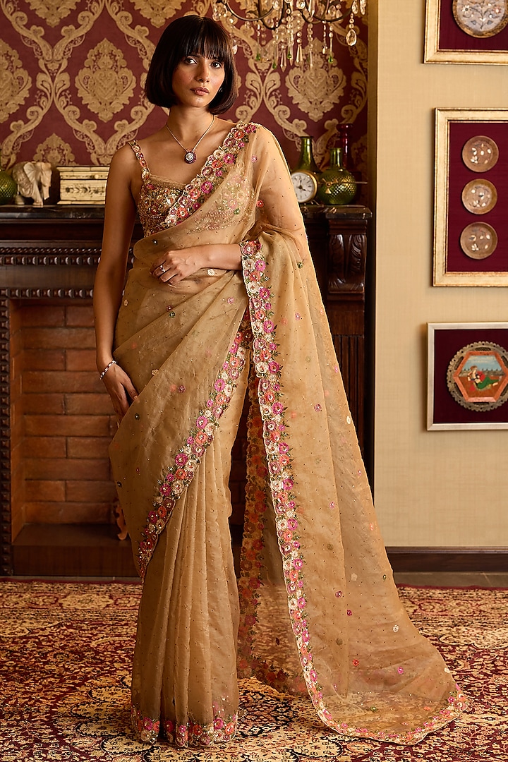 Beige Organza Cutdana Embroidered Saree Set by Anjanaa M Dang at Pernia's Pop Up Shop