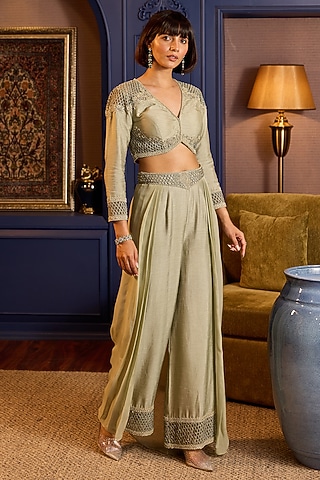 Sage Green Raw Silk Co-Ord Set by Anjanaa M Dang