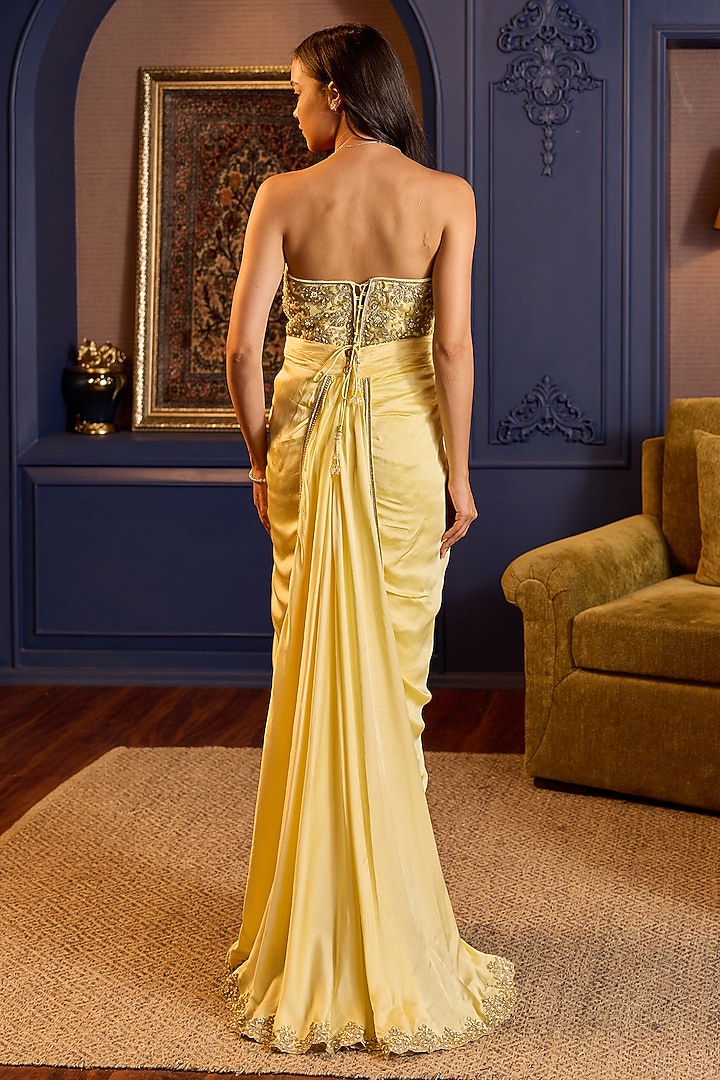 Lime Yellow Satin Slit Trail Skirt Set by Anjanaa M Dang at Pernia's Pop Up Shop