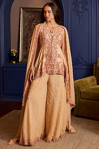 Peach Silk Organza Sharara Set by Anjanaa M Dang