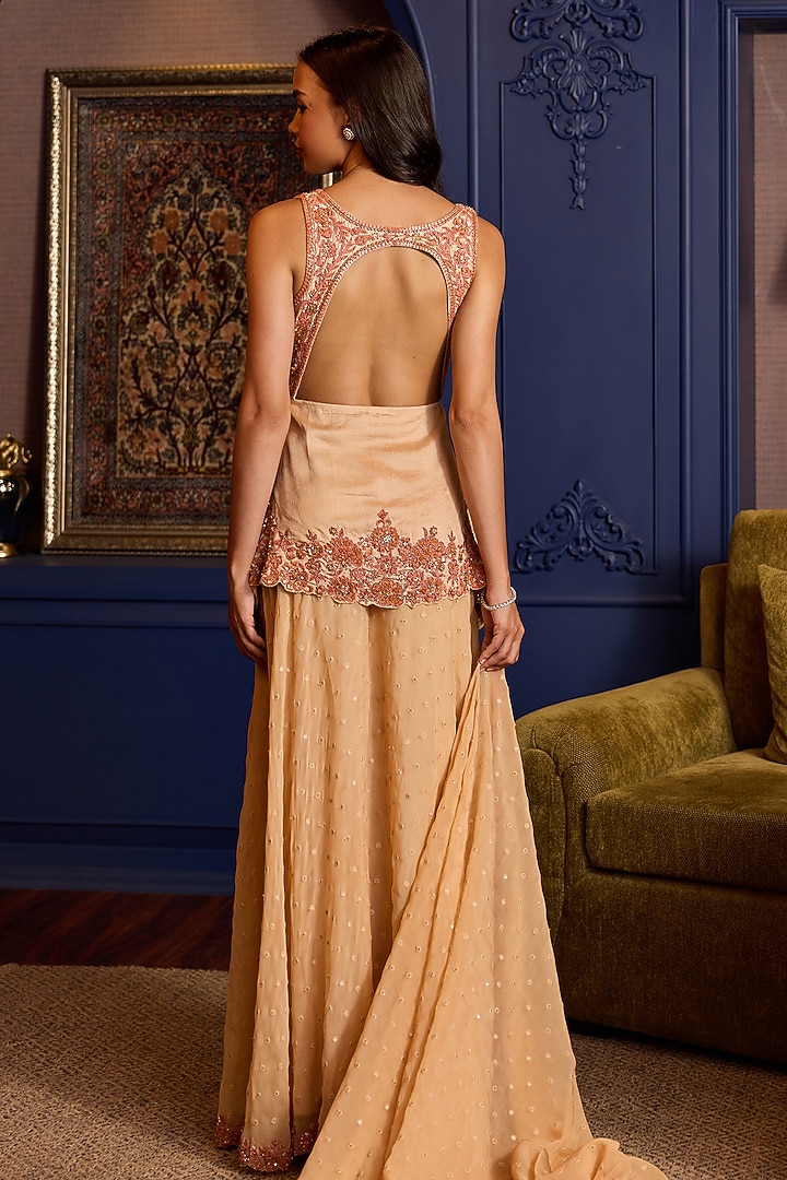 Peach Silk Organza Wedding Sharara Set by Anjanaa M Dang at Pernia's Pop Up Shop