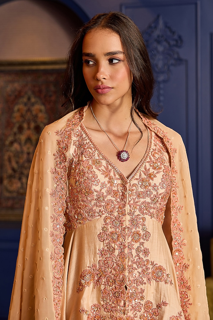 Peach Silk Organza Wedding Sharara Set by Anjanaa M Dang at Pernia's Pop Up Shop