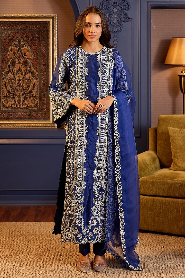 Blue Uppada Silk Cutdana Embroidered Kurta Set by Anjanaa M Dang