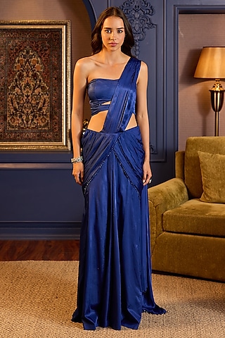 Blue Satin Silk Pre-Stitched Saree Set by Anjanaa M Dang