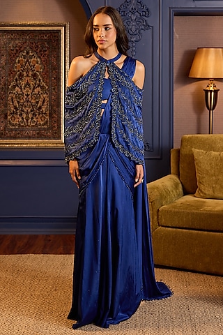 Blue Satin Silk Pre-Stitched Cape Saree Set by Anjanaa M Dang
